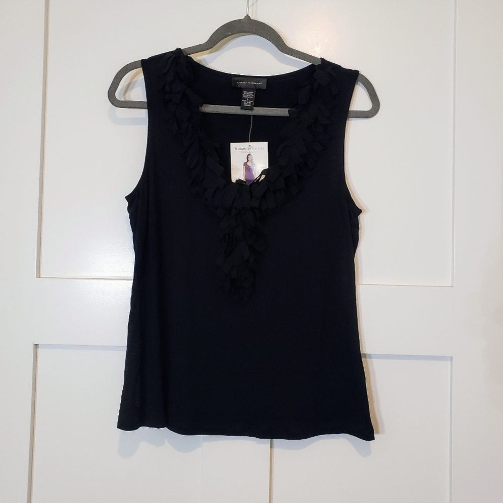 Cable & Gauge Viscose Ruffled Black Top Size Large Super Soft Sleeveless